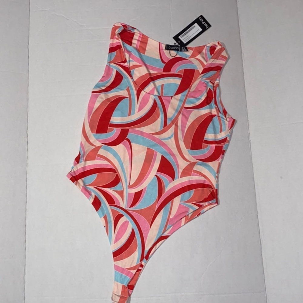 New~Boohoo Abstract Design double layer racer teddy one piece bodysuit Top 10